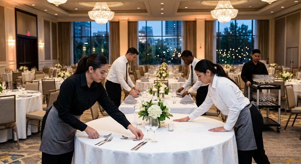 Banquet staff setting tables in a hotel ballroom