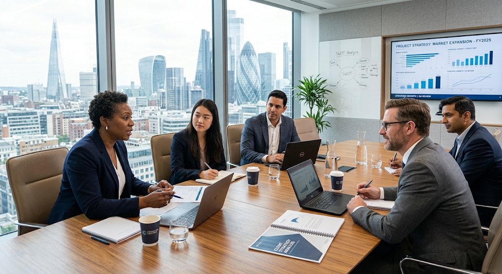 Consultants reviewing a labor plan around a conference table