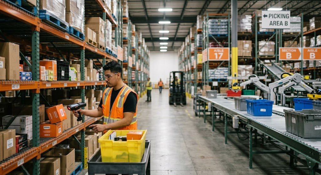 Warehouse picker scanning orders into a tote